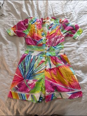 Farm Rio Neon Tropical Leaves Romper with Beaded Buttons Size S *Read*